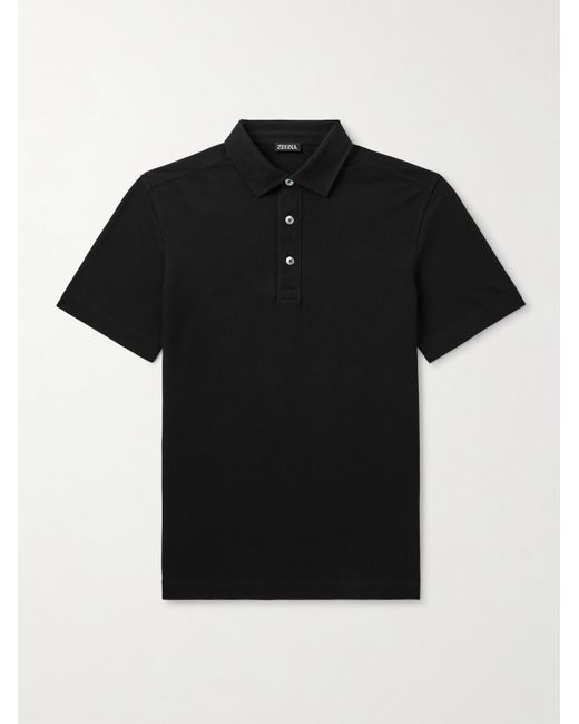 Zegna Black Leather-Trimmed Cotton-Piqué Polo Shirt for men