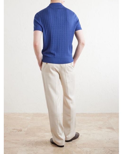 Dunhill Blue Cable-Knit Cotton And Mulberry Silk-Blend Polo Shirt for men