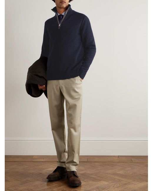 James Purdey & Sons Blue Leather-Trimmed Cashmere Half-Zip Sweater for men