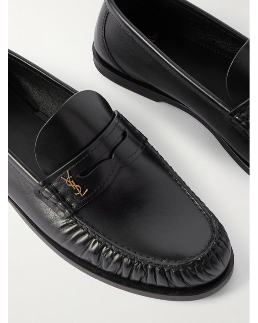 Saint Laurent Black Laurent Logo-Embellished Leather Penny Loafers for men