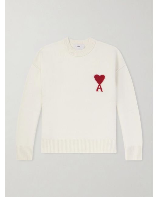AMI Natural Logo-Intarsia Virgin Wool Sweater for men