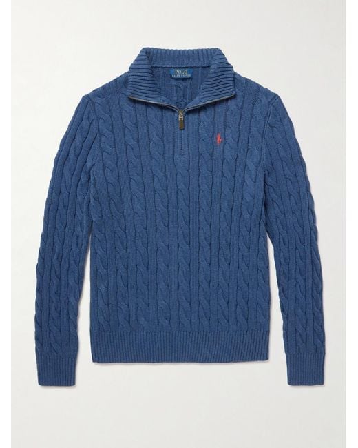 Polo Ralph Lauren Blue Logo-embroidered Cable-knit Cotton Half-zip Sweater for men