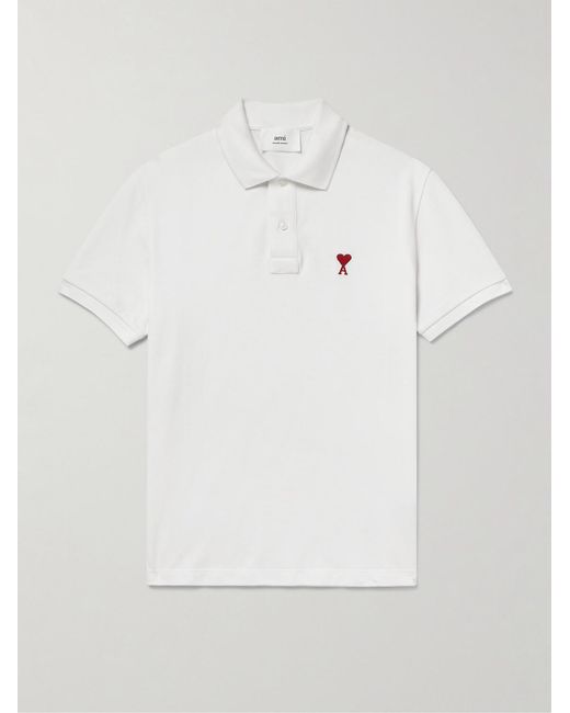AMI White Logo-Embroidered Organic Cotton-Piqué Polo Shirt for men