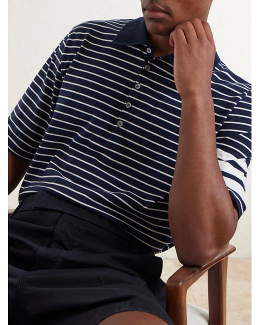 Thom Browne Blue Striped Logo-Appliqué Cotton-Blend Terry Polo Shirt for men