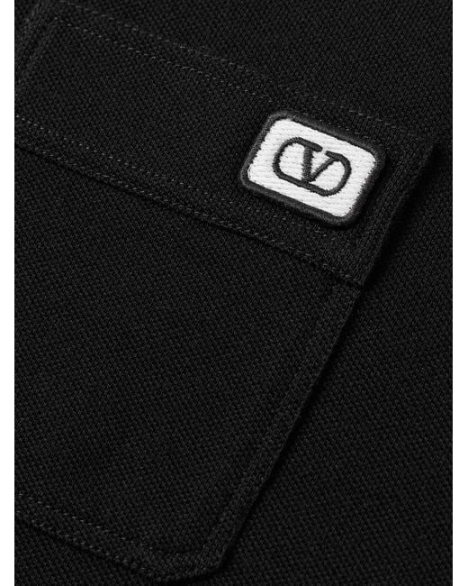 Valentino Garavani Black Logo-Appliquéd Striped Cotton-Piqué Polo Shirt for men