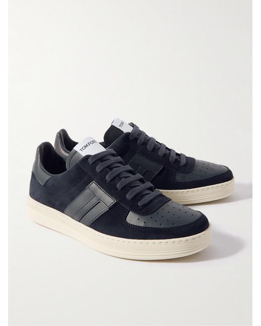 Tom Ford Blue Radcliffe Logo-Appliquéd Leather-Trimmed Suede Sneakers for men