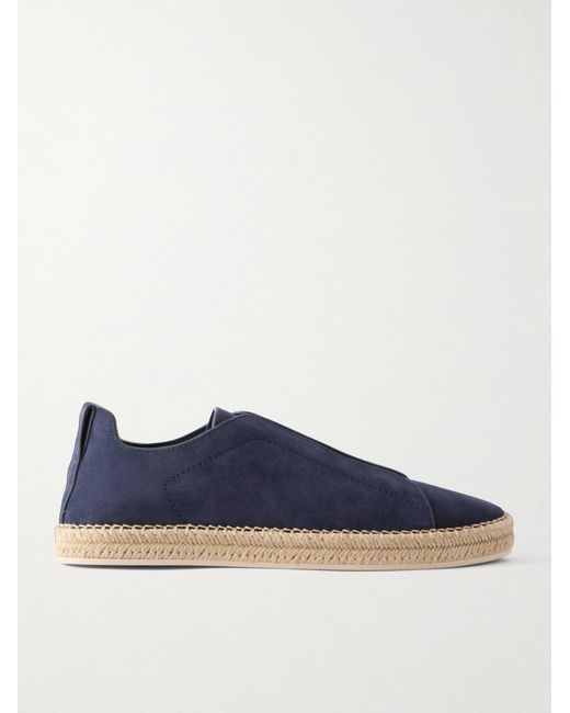Zegna Blue Triple Stitch Leather-Trimmed Suede Slip-On Sneakers for men