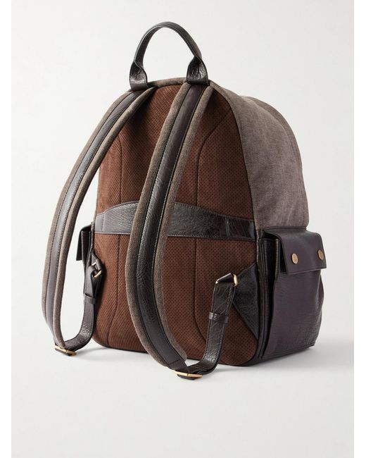 Brunello Cucinelli Brown Leather-Trimmed Woven Backpack for men