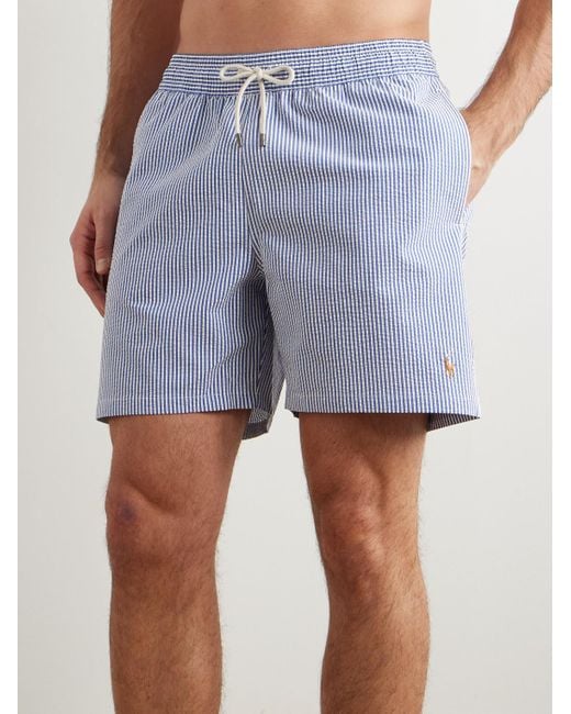 Polo Ralph Lauren Blue Traveler Straight-Leg Mid-Length Striped Cotton-Blend Seersucker Swim Shorts for men