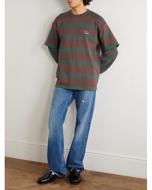 (w)taps Gray Waffle-Knit Trimmed Logo-Embroidered Striped Cotton-Jersey T-Shirt for men