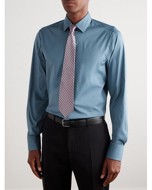 Canali Blue Spread-Collar Cotton-Blend Poplin Shirt for men