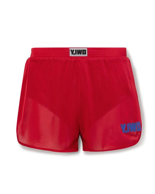 Y,IWO Red Lessons Straight-leg Logo-print Mesh Shorts for men