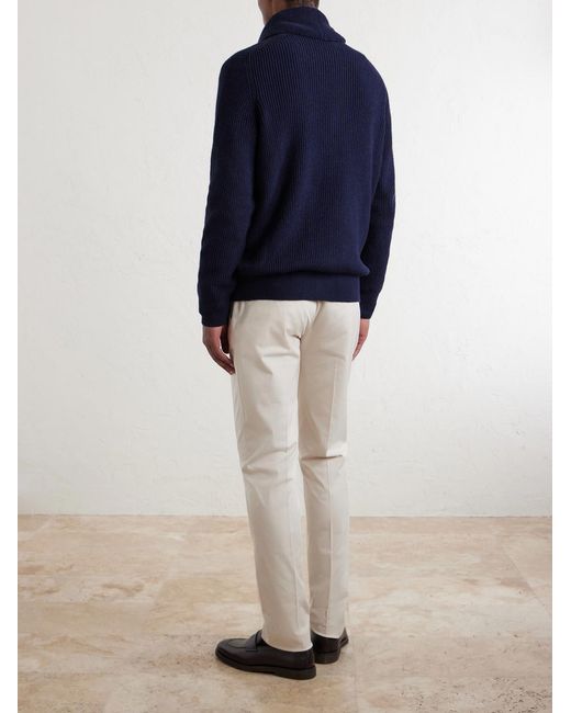 Brunello Cucinelli Blue Shawl-Collar Ribbed Cotton Cardigan for men
