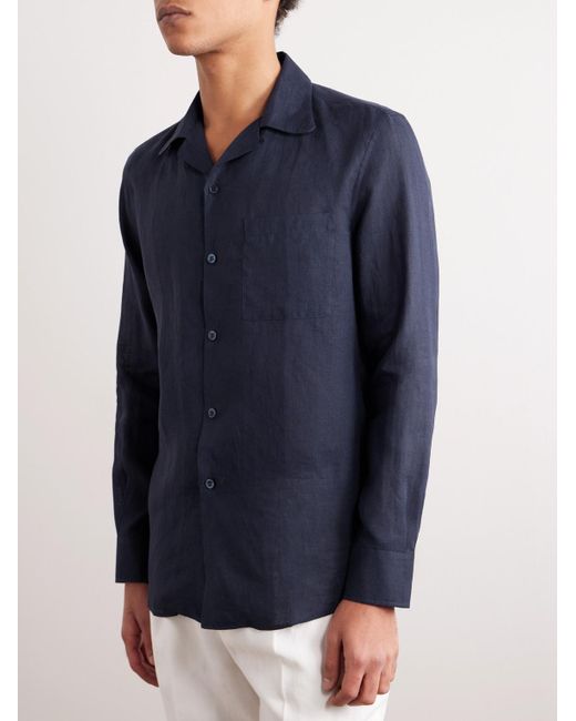 Brunello Cucinelli Blue Camp-collar Linen Shirt for men
