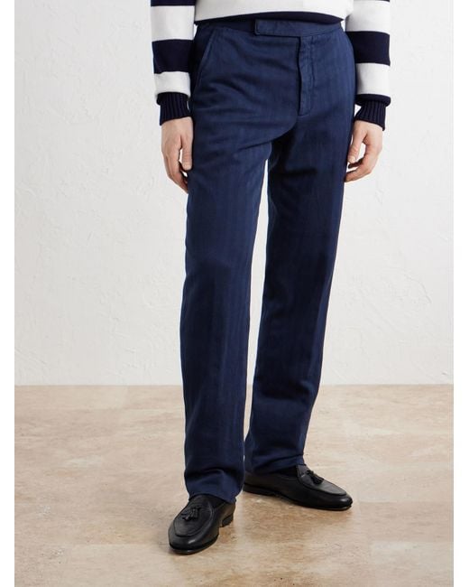 Ralph Lauren Blue Gregory Straight-leg Herringbone Cotton And Linen-blend Trousers for men