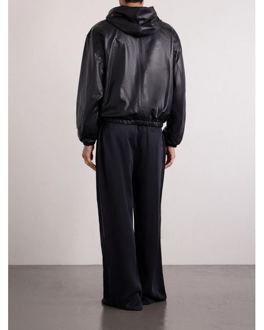 Amomento Black Leather Hooded Jacket for men