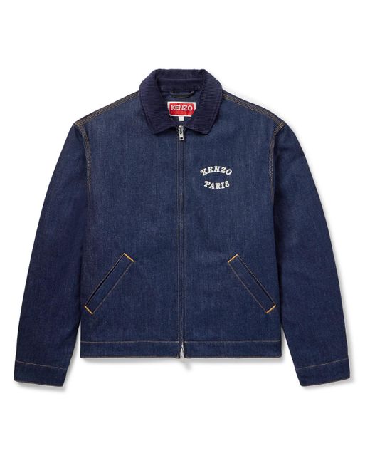 KENZO Blue Verdy Market Corduroy-Trimmed Logo-Embroidered Appliquéd Padded Denim Jacket for men