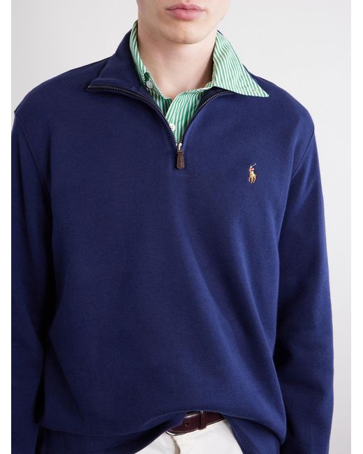 Polo Ralph Lauren Blue Logo-embroidered Cotton-jersey Half-zip Sweater for men