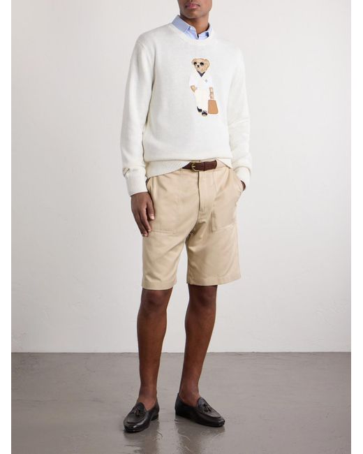 Ralph Lauren White Polo Bear Logo-Appliquéd Leather-Trimmed Knitted Silk And Linen-Blend Sweater for men