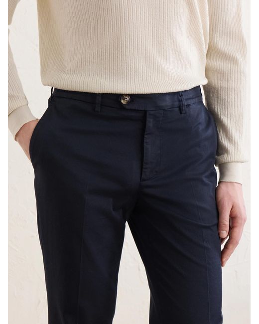 Brunello Cucinelli Blue Slim-Fit Stretch-Cotton Gabardine Trousers for men