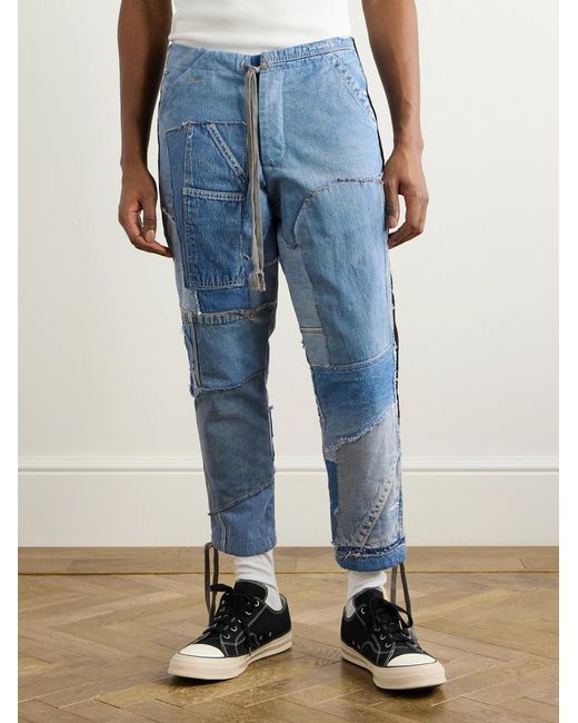 Greg Lauren Blue Tapered Cropped Frayed Patchwork Drawstring Jeans for men