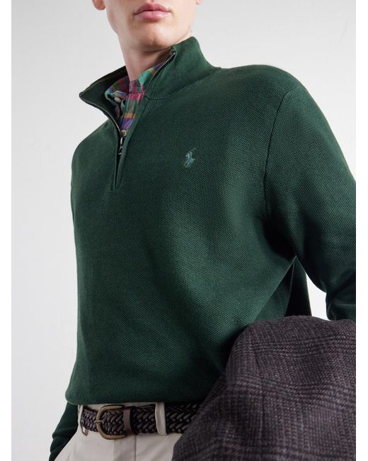 Polo Ralph Lauren Green Logo-Embroidered Cotton-Piqué Half-Zip Sweater for men