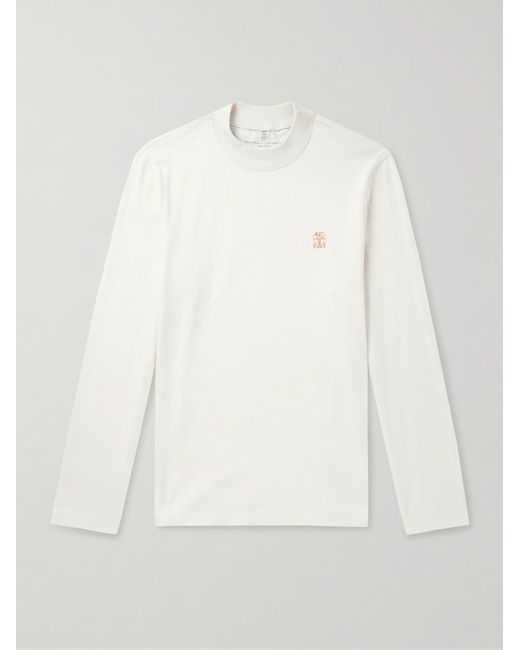 Brunello Cucinelli Natural Logo-print Cotton-jersey Mock-neck T-shirt for men