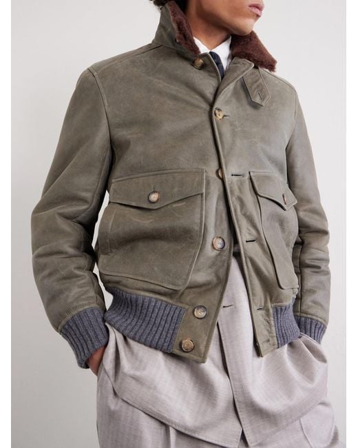 Brunello Cucinelli Brown Shearling Bomber Jacket for men