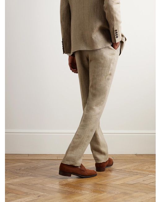 Kingsman Natural Argylle Slim-fit Straight-leg Herringbone Linen Trousers for men