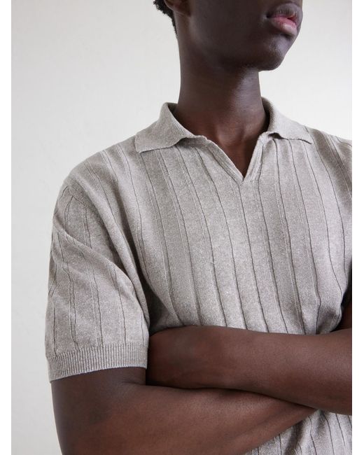 Boglioli White Open-Collar Ribbed Linen And Cotton-Blend Polo Shirt for men