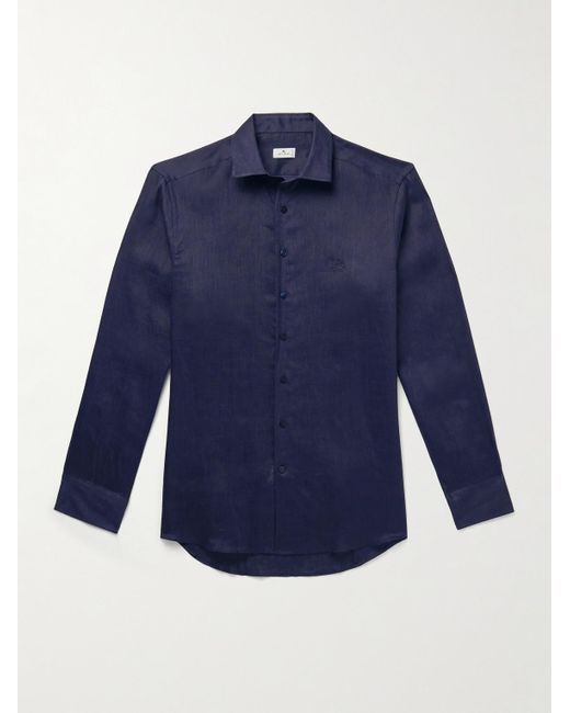 Etro Blue Slim-Fit Logo-Embroidered Linen Shirt for men