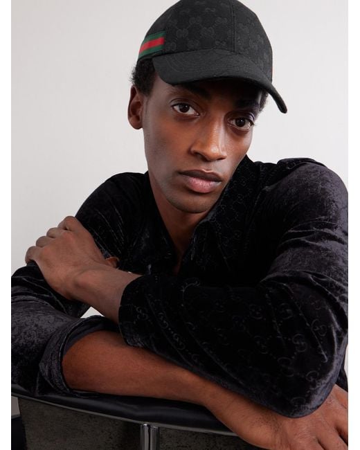 Gucci Black Webbing-Trimmed Logo-Jacquard Canvas Cap for men