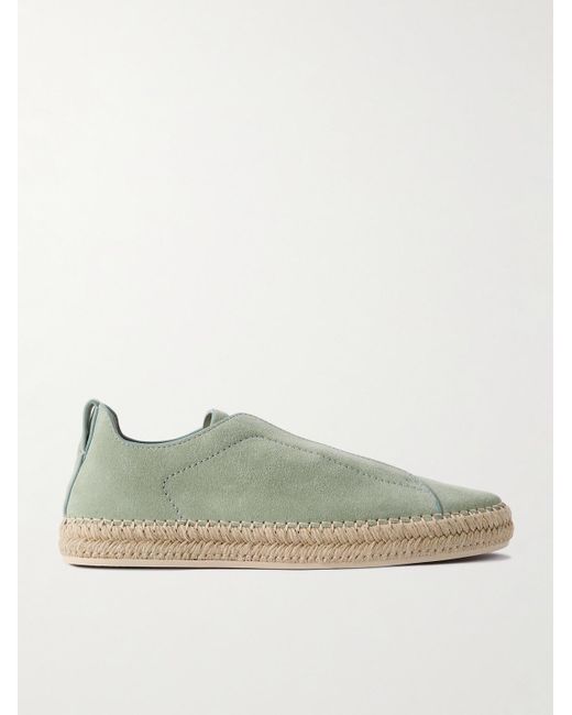 Zegna Green Triple Stitch Leather-Trimmed Suede Slip-On Sneakers for men