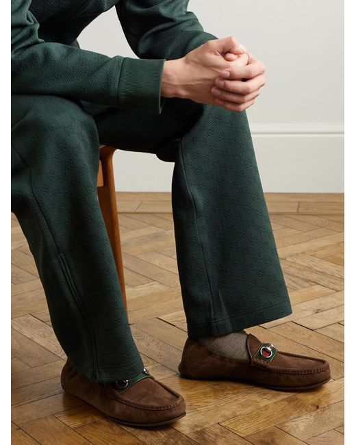 Gucci Brown Horsebit-Embellished Webbing-Trimmed Suede Loafers for men