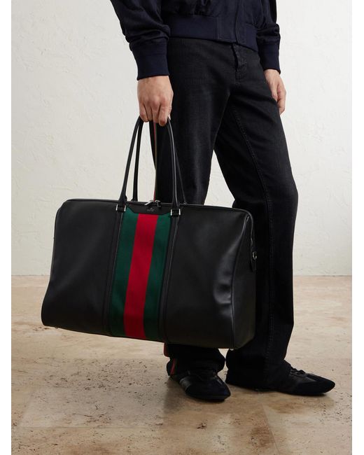 Gucci Black Web-Trimmed Leather Tote Bag for men