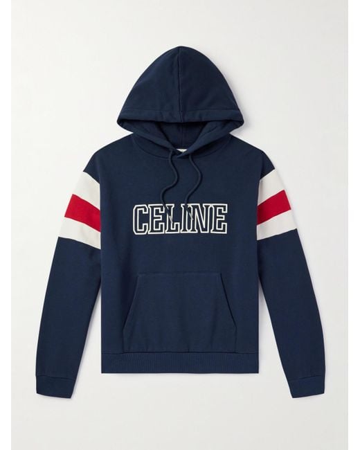 Céline Blue Logo-Flocked Striped Cotton-Jersey Hoodie for men