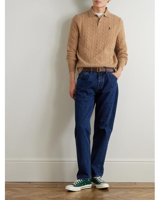 Polo Ralph Lauren Pullover aus einer Woll-Kaschmirmischung in Zopfstrick mit Logostickerei und Polokragen in Natural für Herren