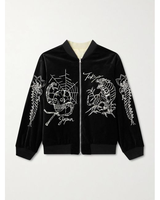 Neighborhood Black Souvenir Reversible Embroidered Cotton-Velvet And Satin Bomber Jacket for men