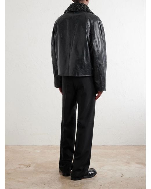 Bottega Veneta Black Intrecciato-Trimmed Leather Jacket for men
