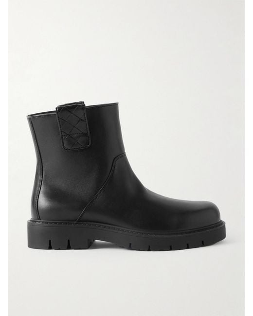 Bottega Veneta Black Haddock Intrecciato-Detailed Leather Boots for men