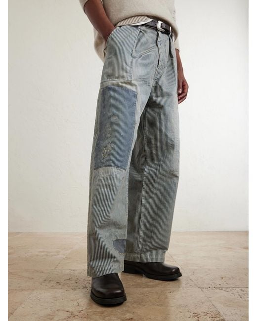 Kapital Blue Liberty Hicoree Fatigue Wide-Leg Striped Distressed Patchwork Cotton-Twill Trousers for men