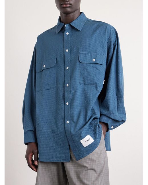 (w)taps Blue Checked Seersucker Shirt for men