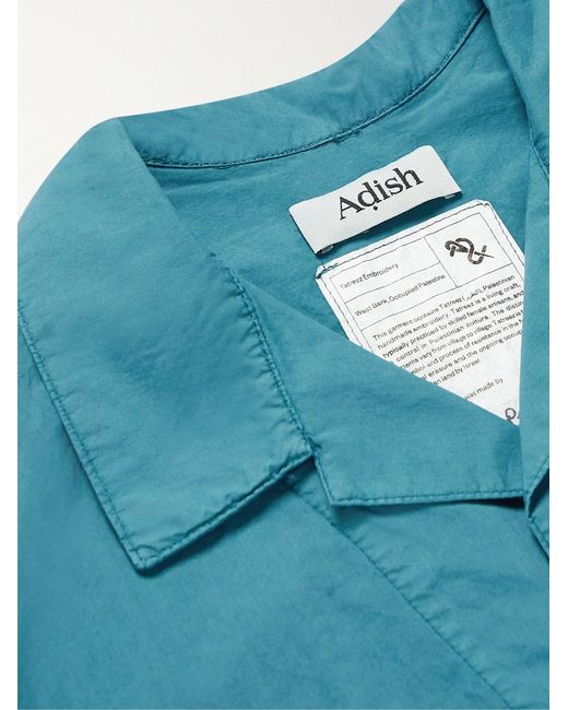Adish Blue Camp-Collar Embroidered Garment-Dyed Cotton-Poplin Shirt for men