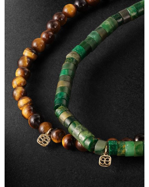 Sydney Evan Black Set Of Two Mini Buddha And Peace 14-karat Gold And Emerald Beaded Bracelets for men