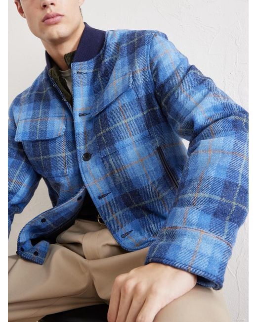 Golden Bear Blue Leather-Trimmed Wool Harris Tweed Bomber Jacket for men