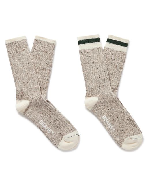 Beams Plus Natural Rag Pack Of Two Striped Ribbed Cotton-blend Socks for men