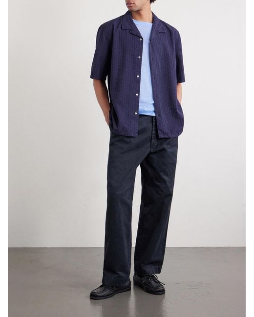Officine Generale Blue Eren Camp-collar Cotton And Lyocell-blend Seersucker Shirt for men