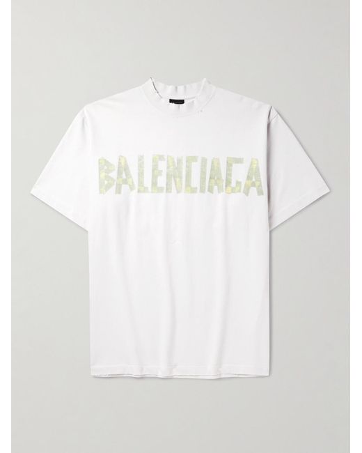 Balenciaga White Oversized Distressed Logo-print Cotton-jersey T-shirt for men