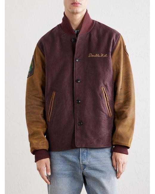RRL Brown Logo-Embroidered Cotton-Corduroy And Leather Bomber Jacket for men