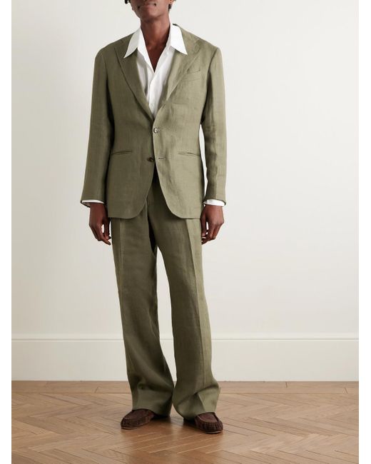 Saman Amel Green Straight-Leg Pleated Linen Suit Trousers for men